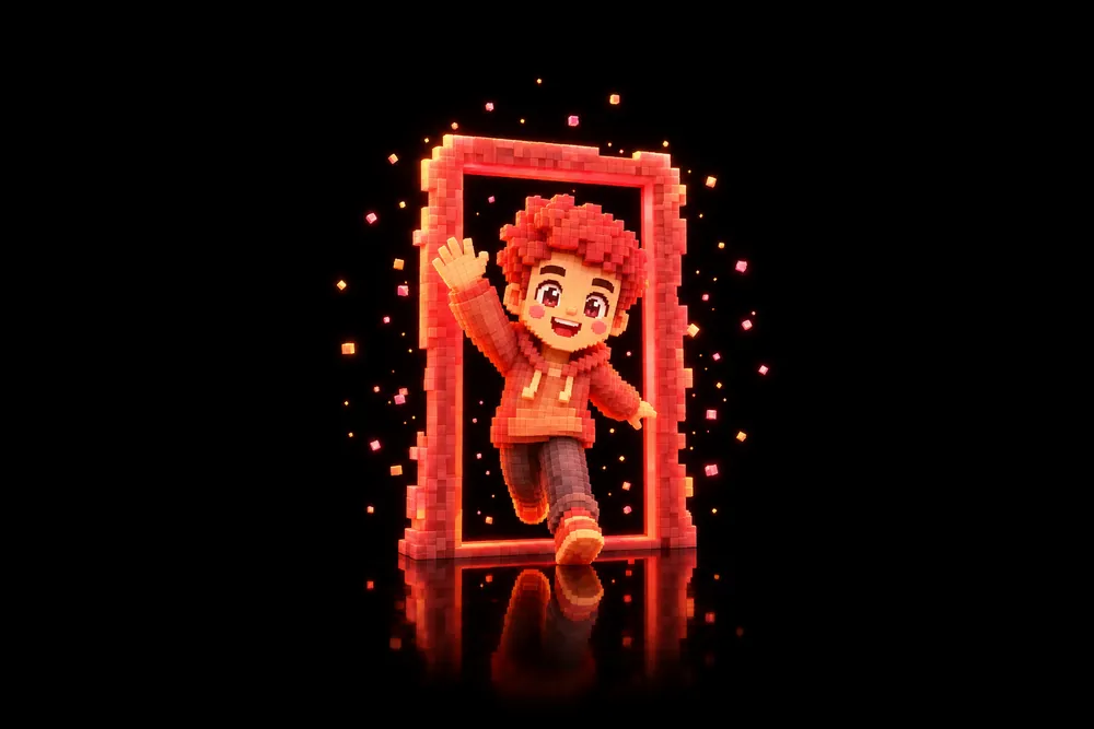 Voxel character waving hello through a glowing doorway
