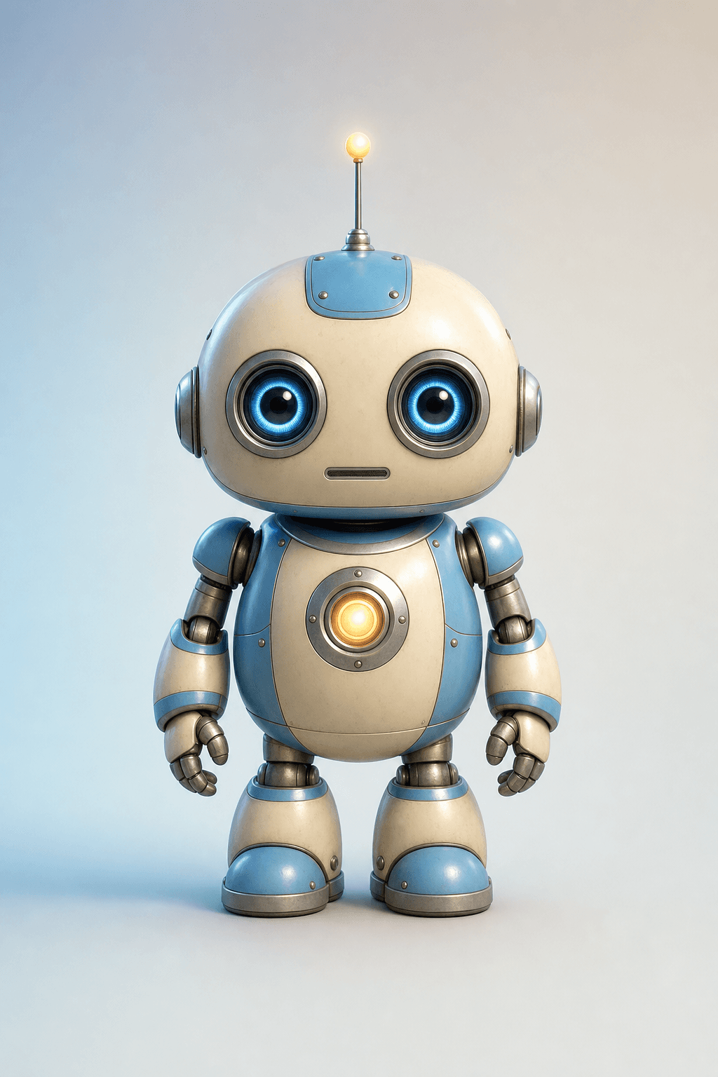 A small stylized 3D robot with a glowing chest light