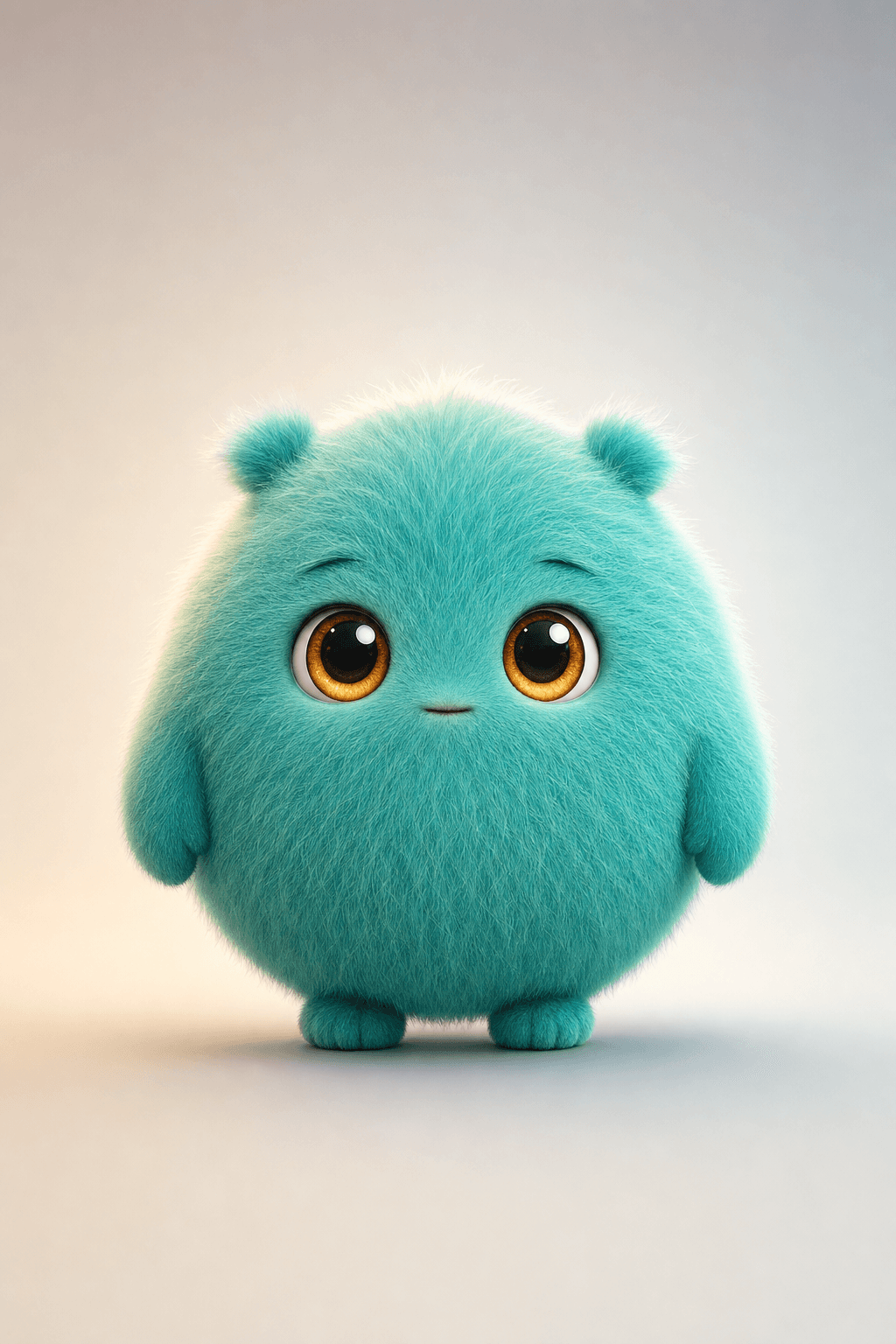 A round teal furry creature with amber eyes