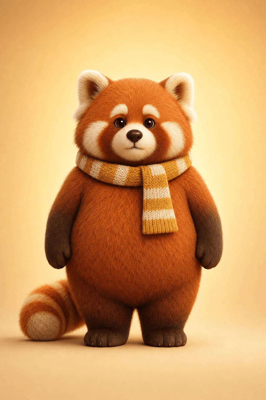 A stylized 3D red panda in a striped scarf