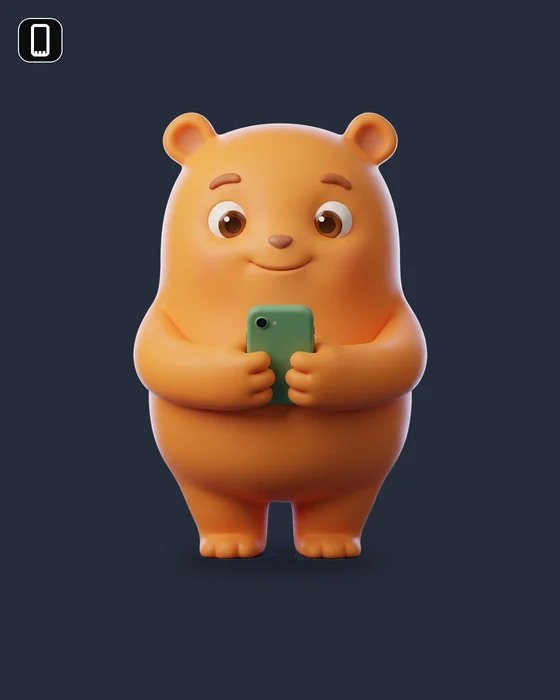 A round orange AI character holding a phone, for an Android app.