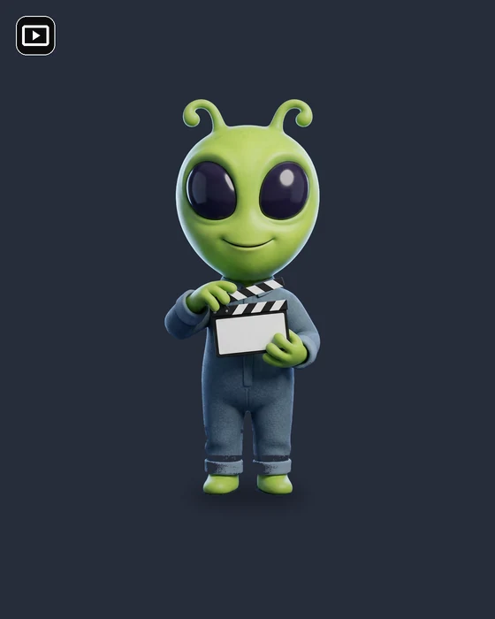 A green alien AI character holding a clapperboard, for a talking video.