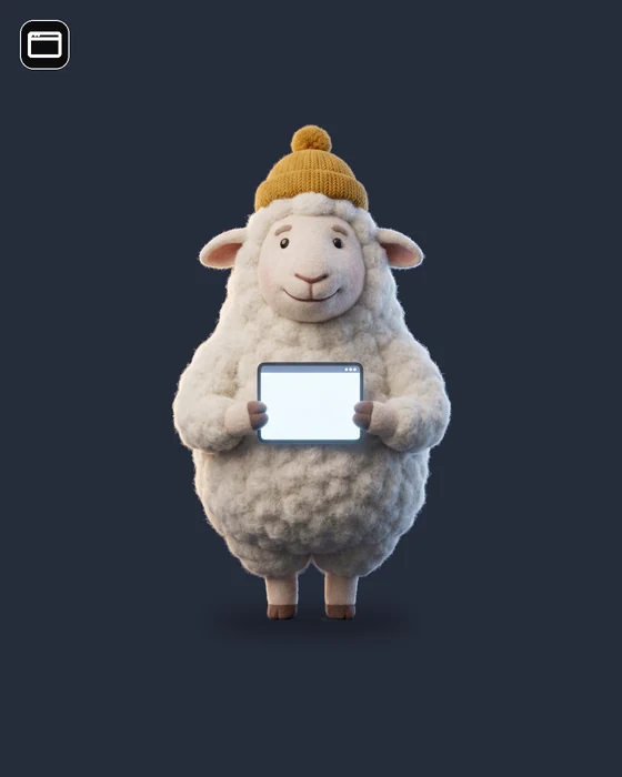 A sheep AI character holding a browser window, for a web page.
