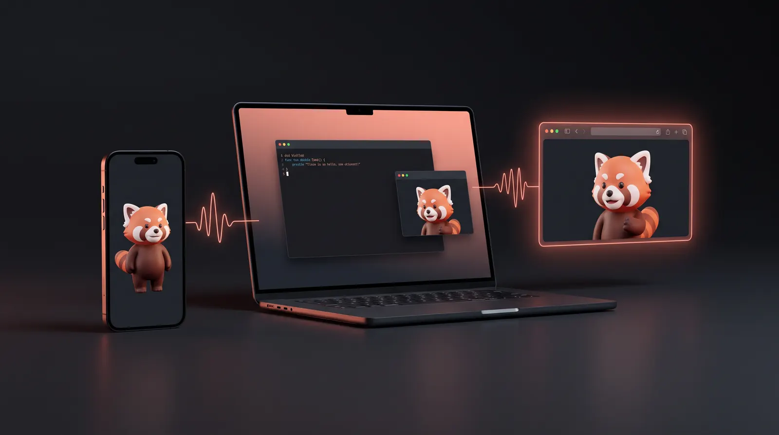 Illustration: one AI character on a phone, a laptop terminal and a browser tab.